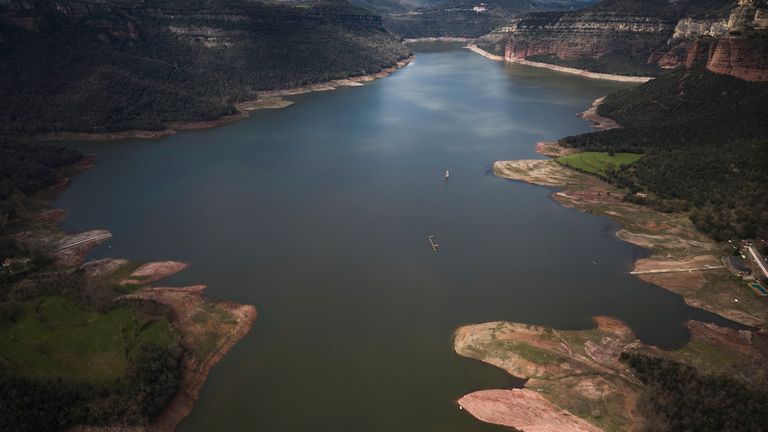 View of the Sau reservoir, about 100 km (62 miles) north of Barcelona, in Vilanova de Sau, Spain, on Monday, March 24, 2025. Pic: AP